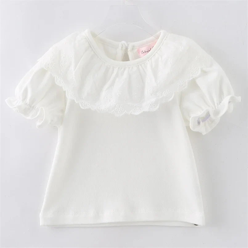 Sweet Princess Style Baby Girls Summer Solid Color Shirt Ruffles Lace Short Sleeve Soft Cotton Shirt Children Tops Outwear