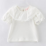 Sweet Princess Style Baby Girls Summer Solid Color Shirt Ruffles Lace Short Sleeve Soft Cotton Shirt Children Tops Outwear