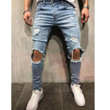 Men Jeans Streetwear Knee Ripped Skinny Hip Hop Fashion Estroyed Hole Pants Solid Color Male Stretch Casual Denim Big Trousers