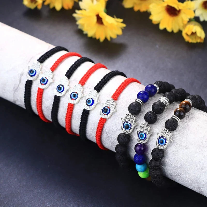 6/9 Pcs Evil Eye String Bracelets Hamsa Hand Hand-Woven Adjustable Red/Black Rope Cord Thread Braided Bracelet Fatima Hand Ancie