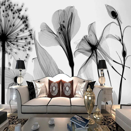 Modern Hand Painted Black And White Dandelion Flowers Mural Wallpaper 3D Abstract Art Wall Painting Living Room Papel De Parede