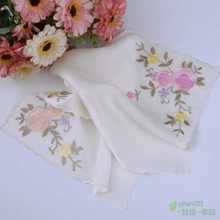 Women's 100% Pure Silk 16.5 mm satin silk embroidery Square handkerchief 26cm 10" WJ007