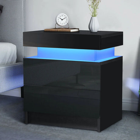 Modern Luxury LED Light Nightstand w/2 Drawers Organizer Storage Cabinet Bedside Table Bedroom Furniture for Night 20 Colors