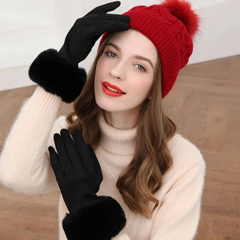 Women Faux Rabit Fur Wrist Suede Leather Touch Screen Driving Glove Winter Warm Plush Thick Full Finger Cycling Black Mitten H92