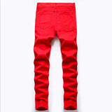 High Street Mens Straight Hole Ripped Jeans Distressed Denim Pants Men Fashion Hip Hop Zipper Designer White Red  Cotton Jeans