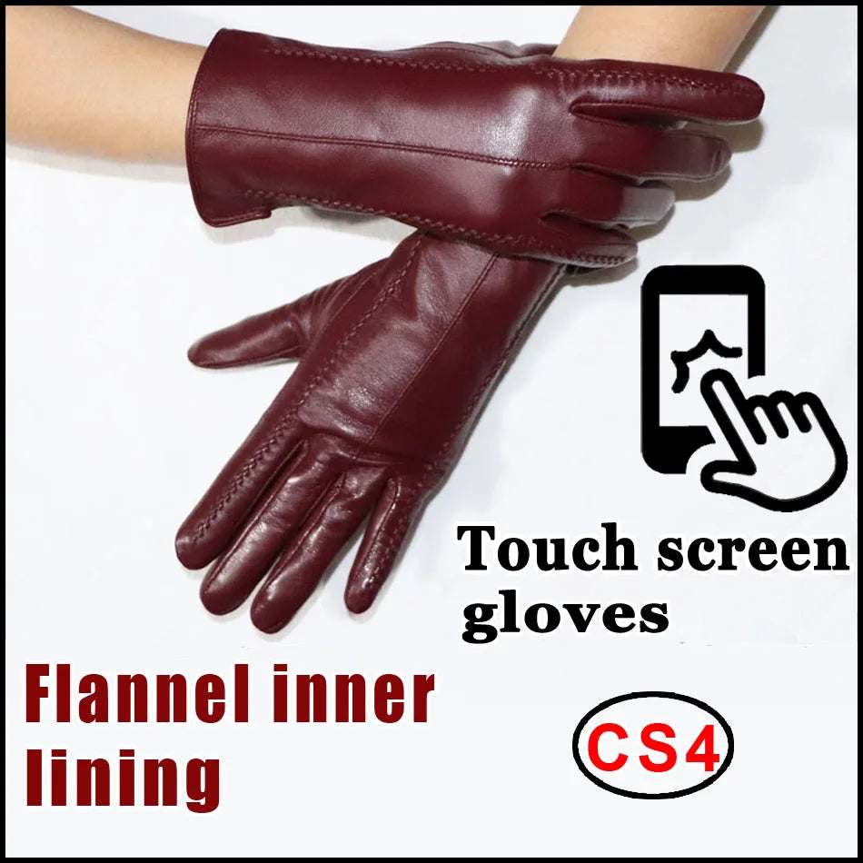 Women's sheepskin gloves winter warmth plus velvet short thin touch screen driving female color leather gloves new high-end 2023