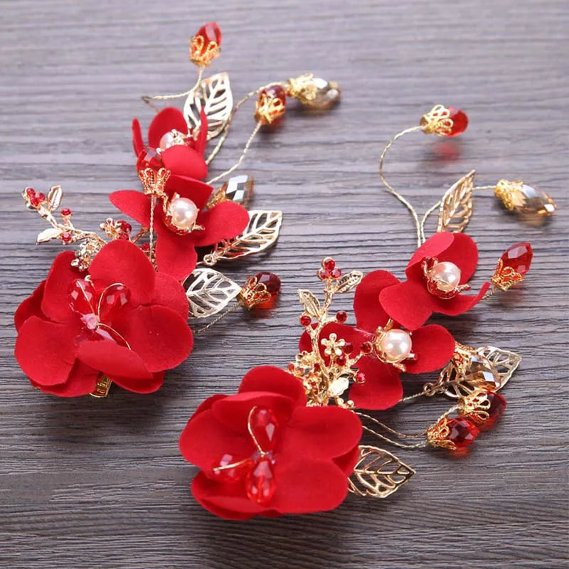 New Fashion Chinese Red Flower Simulated Pearl Crystal Hair Clip Hairpin Noiva Bridal Bride Wedding Veil Decoration Jewelry