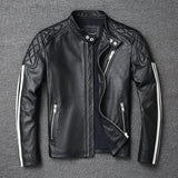 2021 New fashion Men Leather Jacket 100% Genuine Cowhide Coat  White Stripes  Cool Biker Slim Short Autumn Leather Clothing.