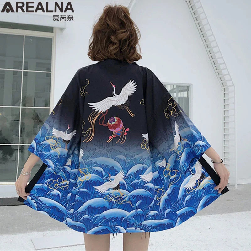 Japanese Kimono Traditional Clothing Crane Carp Anime Kimono Dress Shirts Women Samurai Haori Hombre Yukata Man Cardigan Shirt