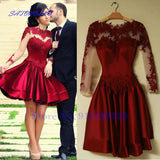 Burgundy 2024 Homecoming Dress A-Line High Collar Long Sleeves Appliques Lace Elegant Short Cocktail Dresses Vestidos De Fiesta