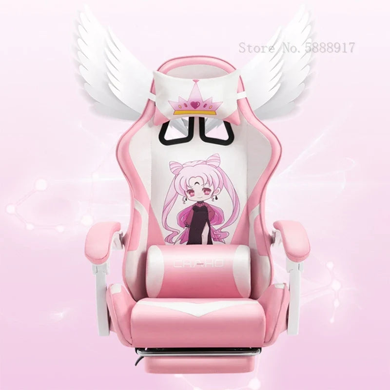 WCG Cute Girl Pink Computer Chair Home Office Furniture Sofa Chair Cartoon Anime Bedroom Lift Rotary Reclining Game Chair