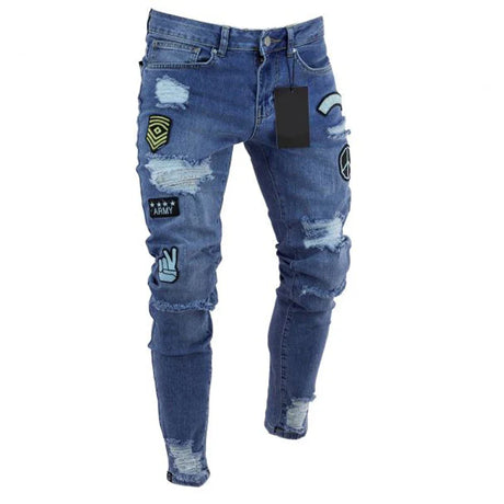 Men Slim Biker Ripped Long Denim Trousers Skinny Jeans pocket Young Man Jogging Pants Destroyed Stretchy-Black Pants