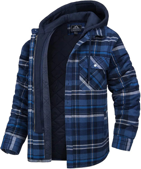 TACVASEN Men's Flannel Shirt Jacket with Removable Hood Plaid Quilted Lined Winter Coats Thick Hoodie Outwear Man Fleece Shirts