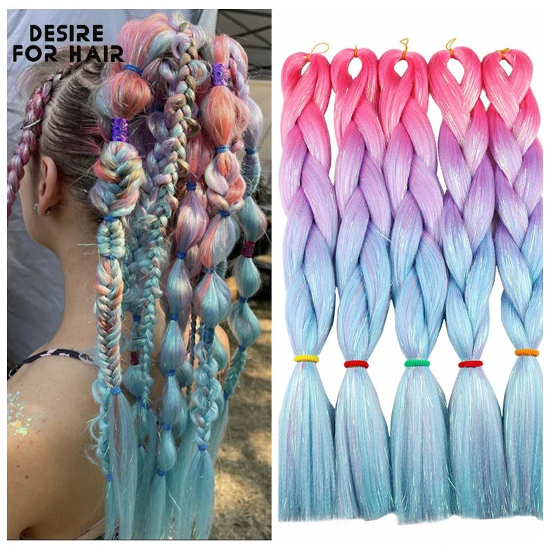 Desire for Hair 5Packs Synthetic Braiding Hair Christmas Colors Mix Tinsel Glitter Green Synthetic Hair Extensions Jumbo Braids