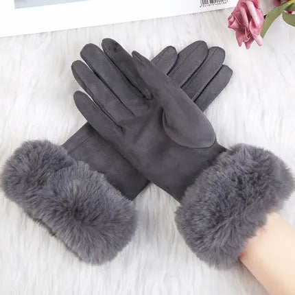 Female Faux Rabit Fur Suede Leather Touch Screen Driving Glove Winter Warm Plush Thick Embroidery Full Finger Cycling Mitten H92