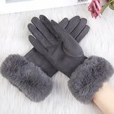 Female Faux Rabit Fur Suede Leather Touch Screen Driving Glove Winter Warm Plush Thick Embroidery Full Finger Cycling Mitten H92