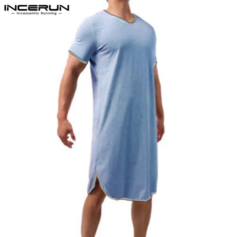 Fashion Men's Loose Sleepwear Casual Solid Nightgown INCERUN Patchwork Sleep Robes Short Sleeve V-Neck Homewear Robes S-5XL 2024