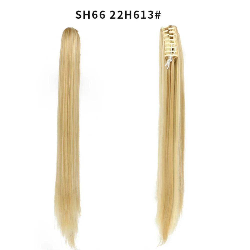 Budabuda 24Inch Long Straight Ponytail Hair Extensions For Women Synthetic Claw On Ponytail Hairpiece Black Blonde Brown