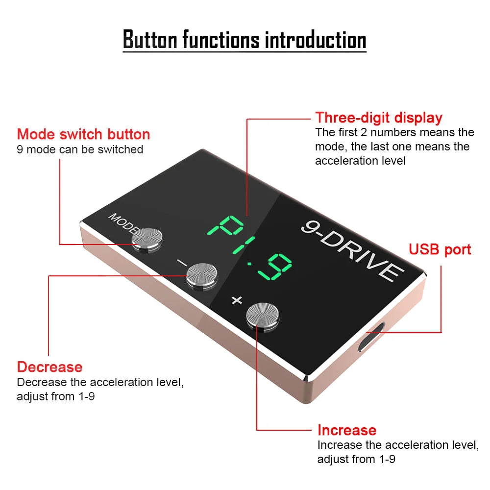 9 Drive 5 Modes Digital Car Throttle Response Controller Racing Accelerator Potent Car Pedal Booster Electronics Accessories