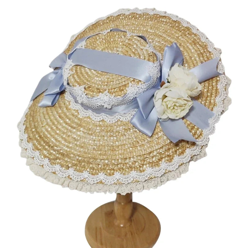 Japanese Lolita Sweet Handmade Straw Sun Hat Lace Patchwork Ribbon Bandage Bowknot Wide Brim Elegant Tea Party Beach Flat D0LF