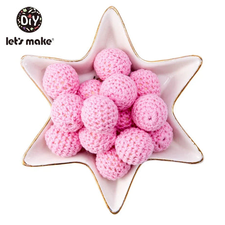 Let's Make 100Pcs Crochet Beaded Wood Teether 16mm Round Baby Wooden Teether Crochet Toys Braided Teething Beads Baby Oral Care