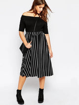 Plus Size High Elastic Waist Casual Striped Skirt Black And White Summer Spring Elegant Fashion A-line Midi Skirt 5XL 6XL 7XL 8X