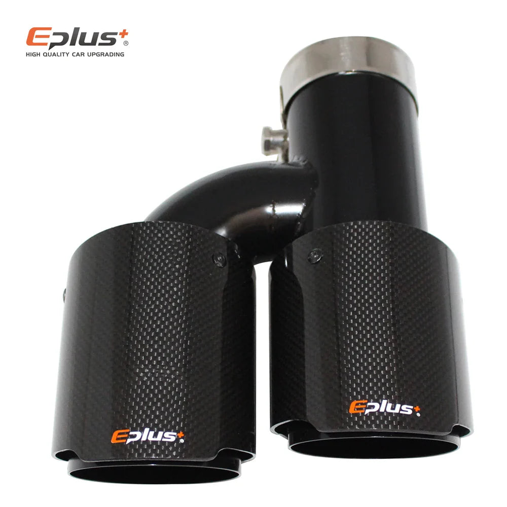 EPLUS Car Carbon Fiber Glossy Muffler Tip H Shape Double Exit Exhaust Pipe Mufflers Nozzle Decoration Universal Stainless Black