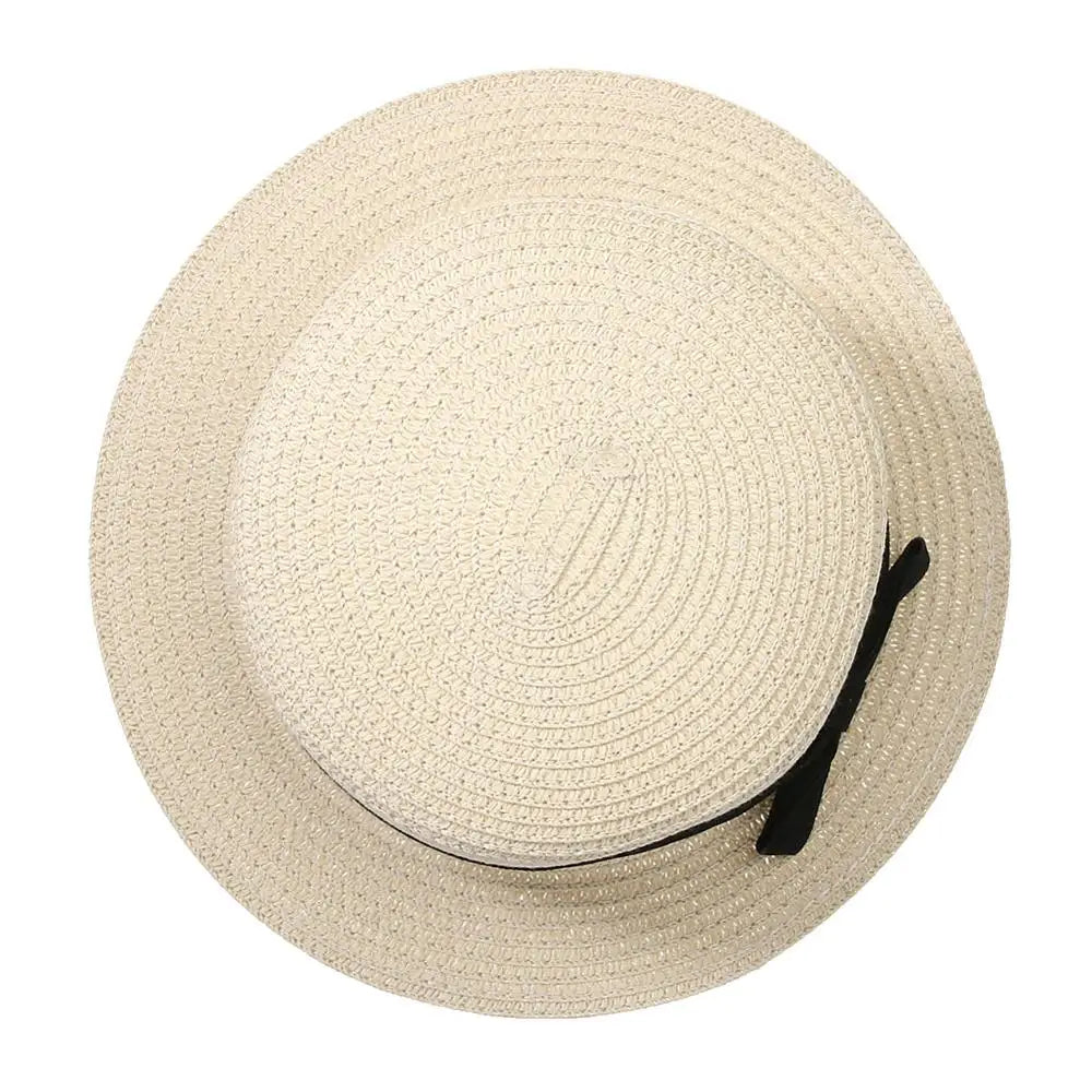 Summer New Women's Sun Hat Bucket cap Ribbon Flat top Straw Hats Beach Caps Panama Women Sun Hat Brim Bowknot  Straw Outdoor Hat