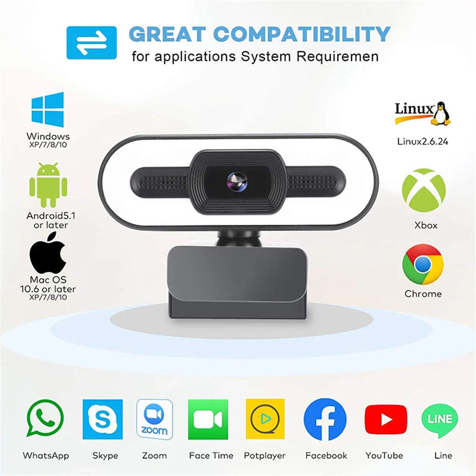 Portable 4K Webcam PC Laptop 2K 1080P Webcam Live Streaming Flexible Full HD Web Camera For Computer With Microphone With Light