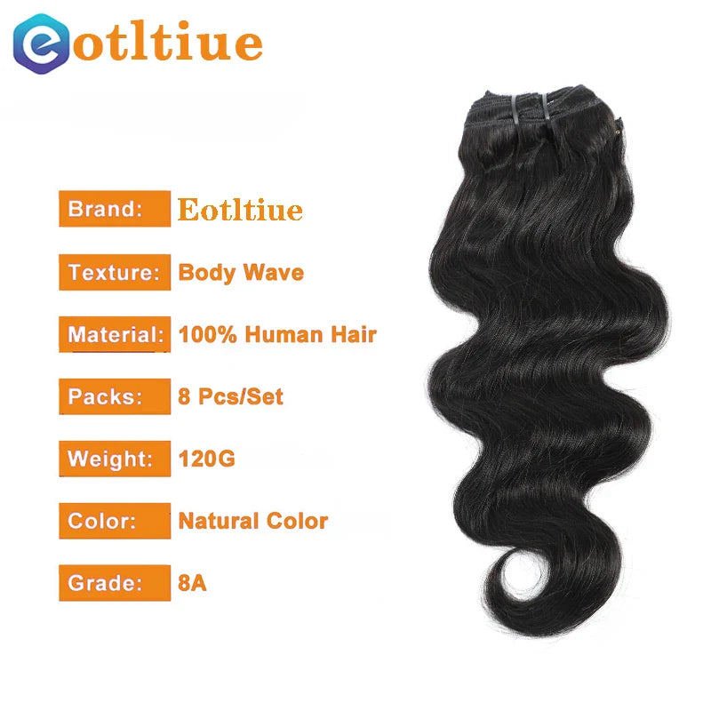 Clip In Hair Extensions Human Hair Brazilian Body Wave Clip In 8 Pcs/Set Natural Black Color Clip Ins Remy Hair 8-26 Inch 120G