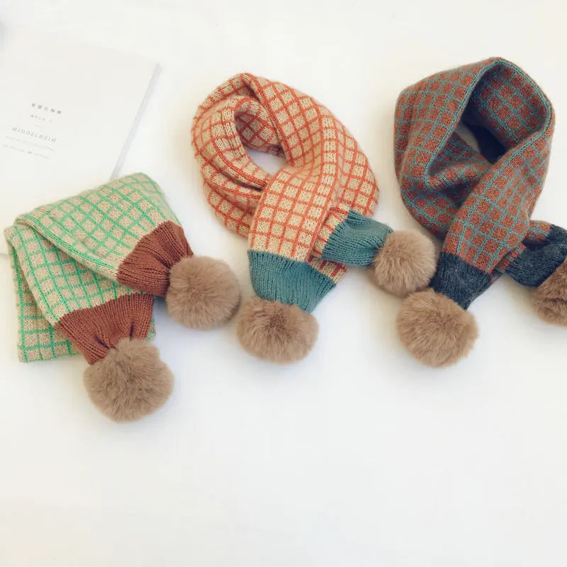 New Winter Children Plaid Knitted Scarves Korean Style Soft Pompon Patchwork Shawl Kids Warm Neckerchief