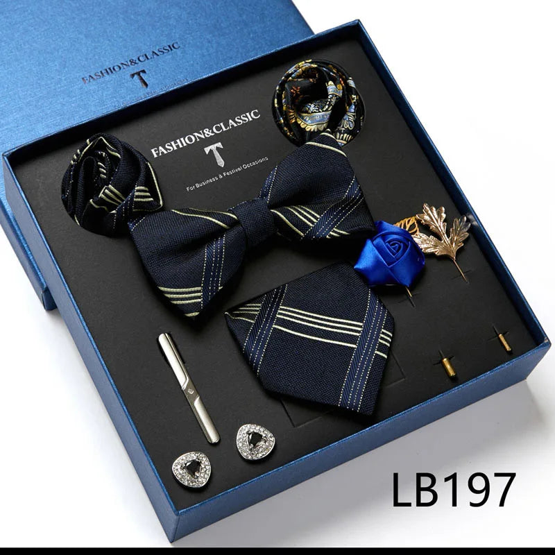 Holiday Gift Box Tie For Men 7.5 cmTie Hanky Pocket Squares Cufflink Set Bow Tie Clip Necktie Box Purple hombre Geometric Office