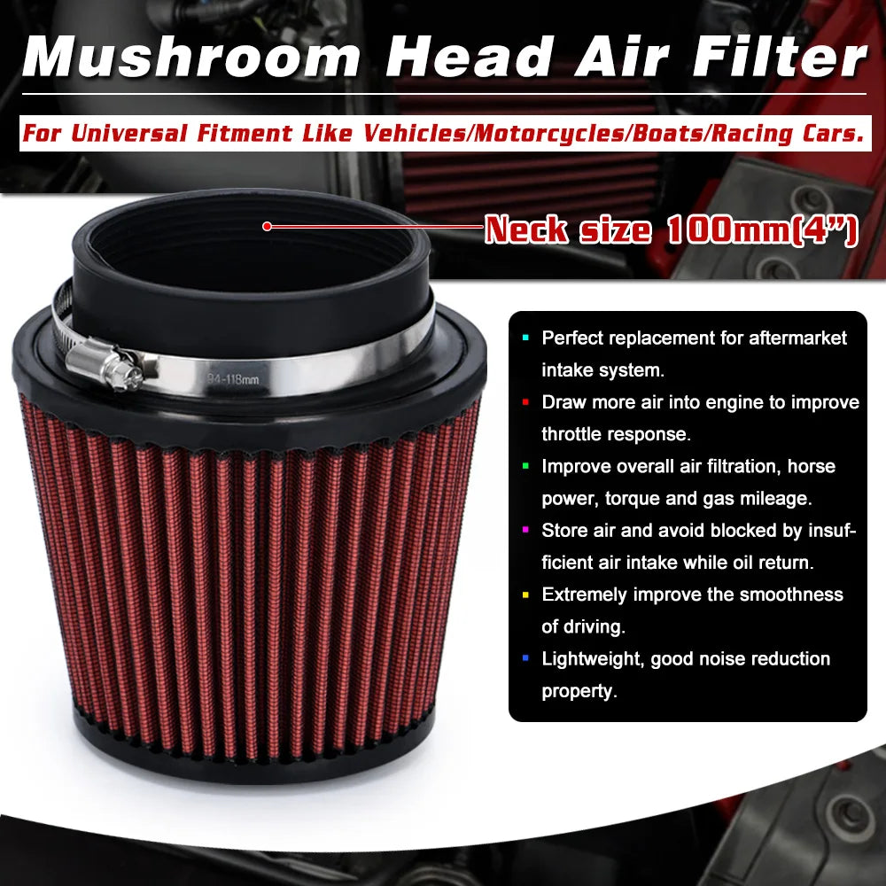 Neck 4" 100mm Universal Car High Flow Cold Air Intake Air Filter Power Intake Air Inlet System Mushroom Head Air Cleaner Red