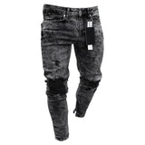 Men Slim Biker Ripped Long Denim Trousers Skinny Jeans pocket Young Man Jogging Pants Destroyed Stretchy-Black Pants