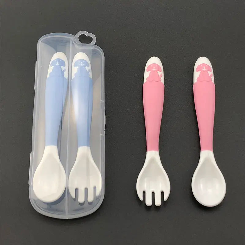 Baby Feeding Spoon+Fork Learn to eat Training Complementary Food Spoon Any Bend Tableware Twist Spoon Fork Free Storage Box