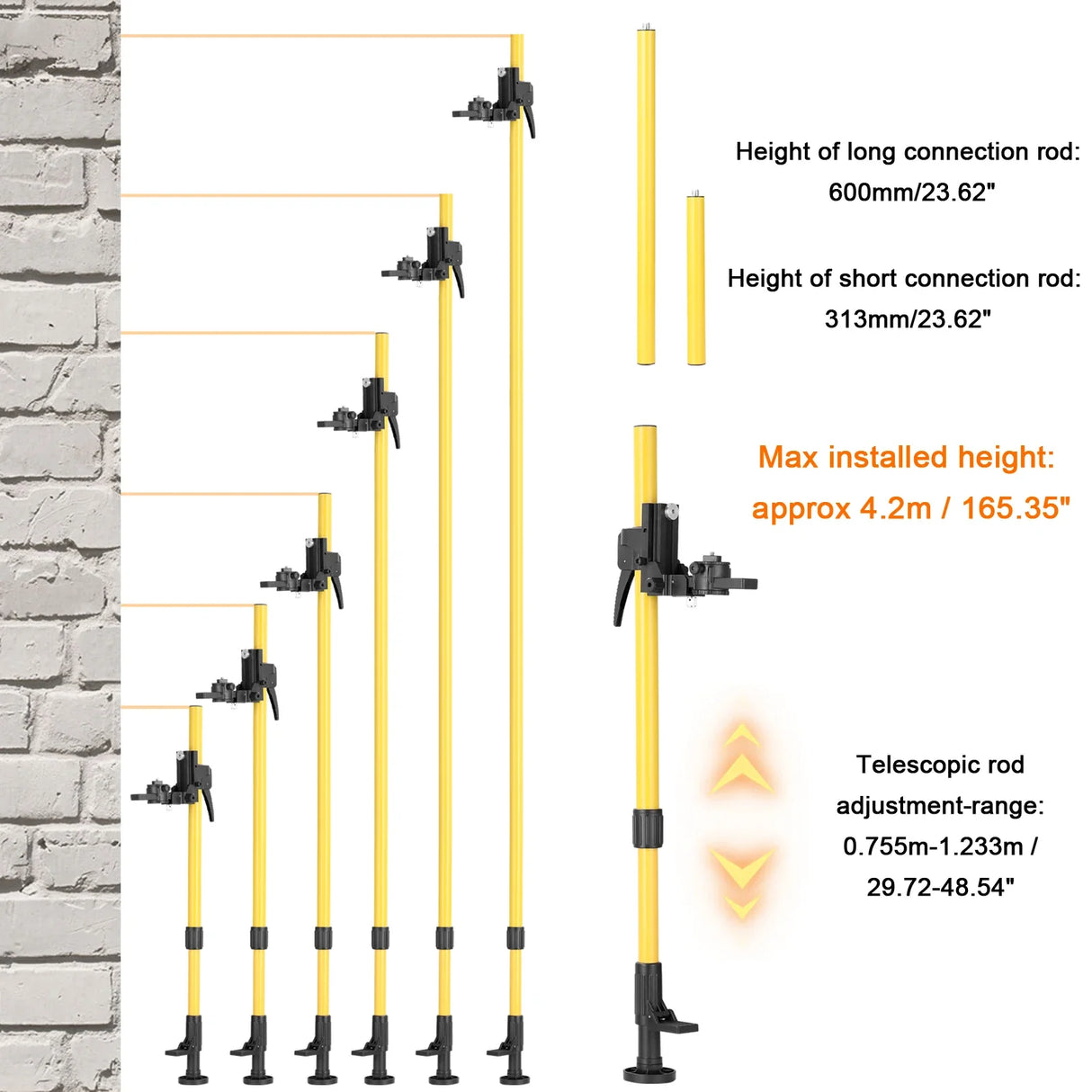 Max 4.2m Height Adjustable Line Leveler Stand Bar Telescopic Pole Bracket 1/4'' Thread Lift Extend Holder for Laser Level