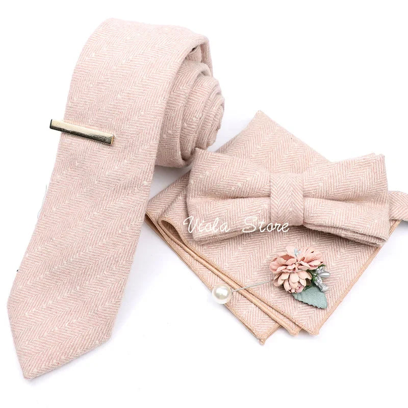 Top 50% Wool Soft 7cm Tie Bowtie Hankie Clip Brooch Sets Dusty Green Solid Classy Men Wedding Suit Daily Cravat Accessory Gift