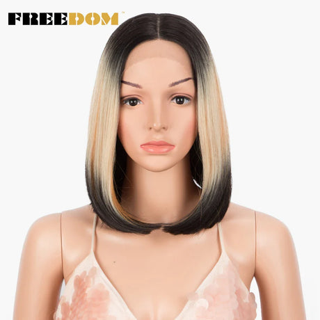 FREEDOM Straight Synthetic Lace Wigs Short Bob Ombre Blue Colorful Wigs For Black Women Cosplay Wigs Middle Part Lace Wig