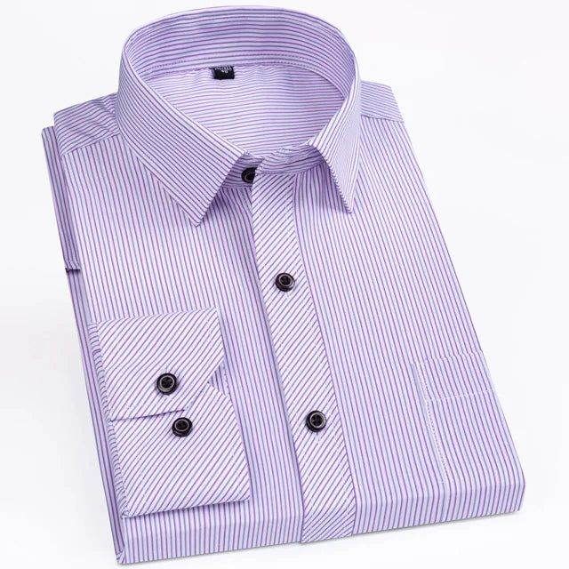 Men's Classic Striped Plaid Long Sleeve Dress Shirt Single Patch Pocket Formal Business Standard-fit Smart Casual Office Shirts