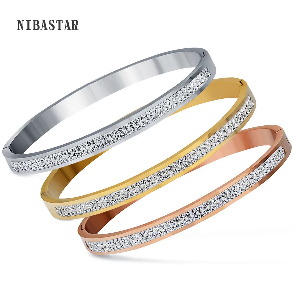 Two Row crystal rhinestone pave stainless steel Open bracelets & bangles for women