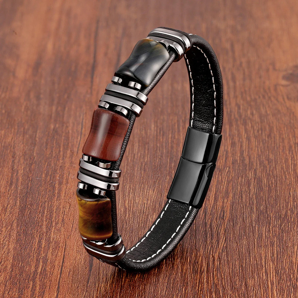 Natural Stone,Tiger Eye Bracelet,Black Leather Rope Chain,Men Bracelet,Stainless Steel Bracelet,Women Fashion Jewelry,Wholesale