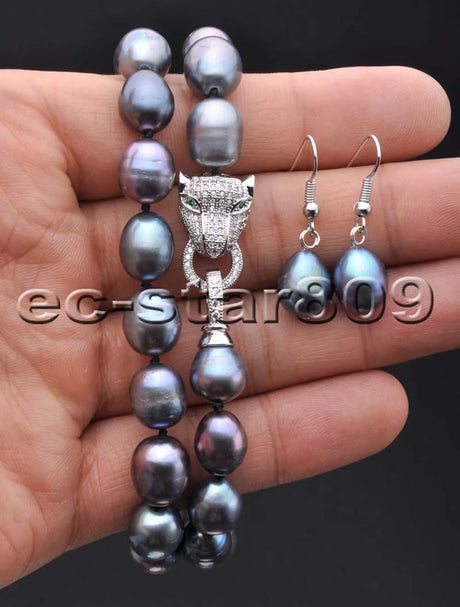 P6188 SET 13mm Gray White Black Rice Freshwater Pearl Necklace Bracelet Earring