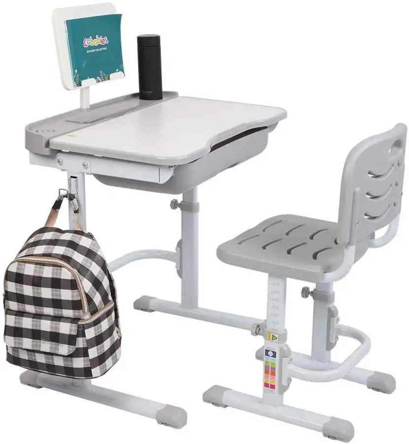 70/80 CM Kids Desk and Chair Set Height Adjustable Children Learning Table Sturdy Desktop Gray With Reading Stand for Boys Girls