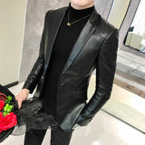 Men Suit Black Slim Fit Blazer Hombre PU Leather Jacket Male One Button Business Casual Prom Korean Suit Coat