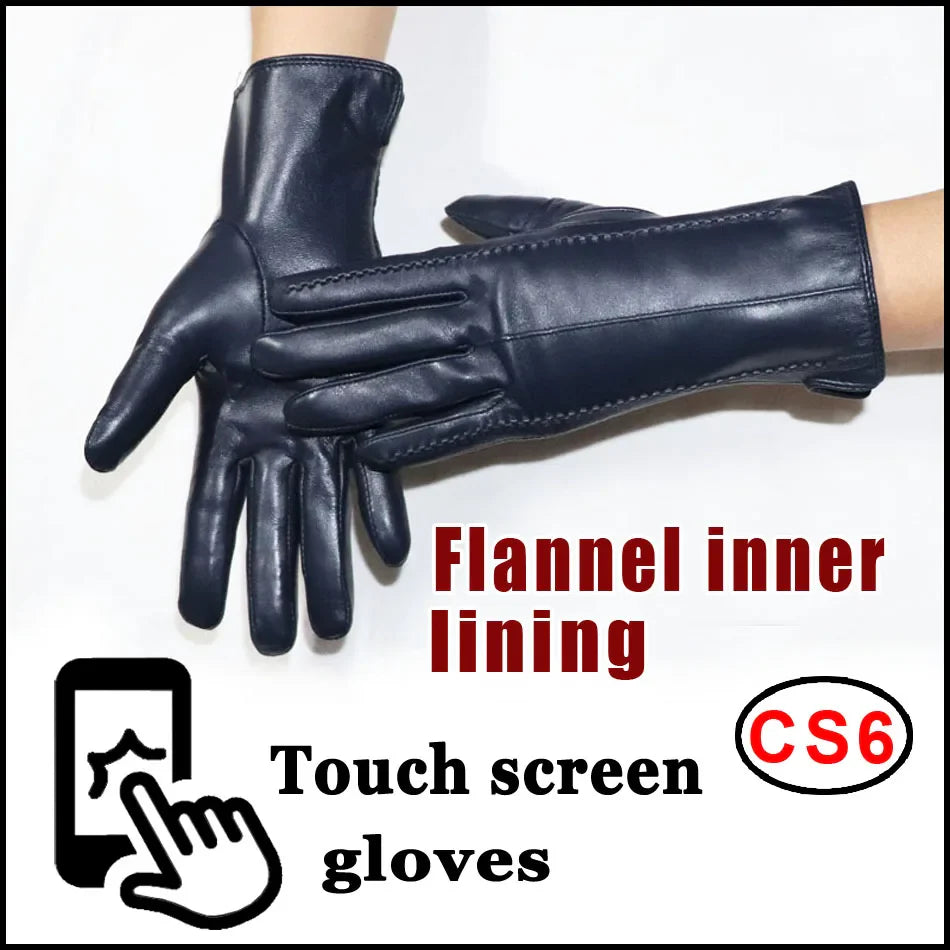 Women's sheepskin gloves winter warmth plus velvet short thin touch screen driving female color leather gloves new high-end 2023