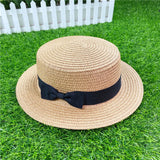 Summer New Women's Sun Hat Bucket cap Ribbon Flat top Straw Hats Beach Caps Panama Women Sun Hat Brim Bowknot  Straw Outdoor Hat