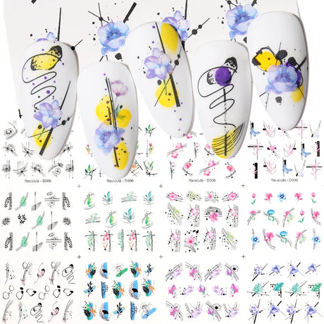 12 Designs Nail Stickers Set Mixed Floral Geometric Nail Art Water Transfer Decals Sliders Flower Leaves Manicures Decoration