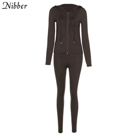 Nibber Sporty Casual Long Sleeve Hooded Zipper Solid two pieces set women Autumn Workout Skinny Top And Pants Matching Set mujer