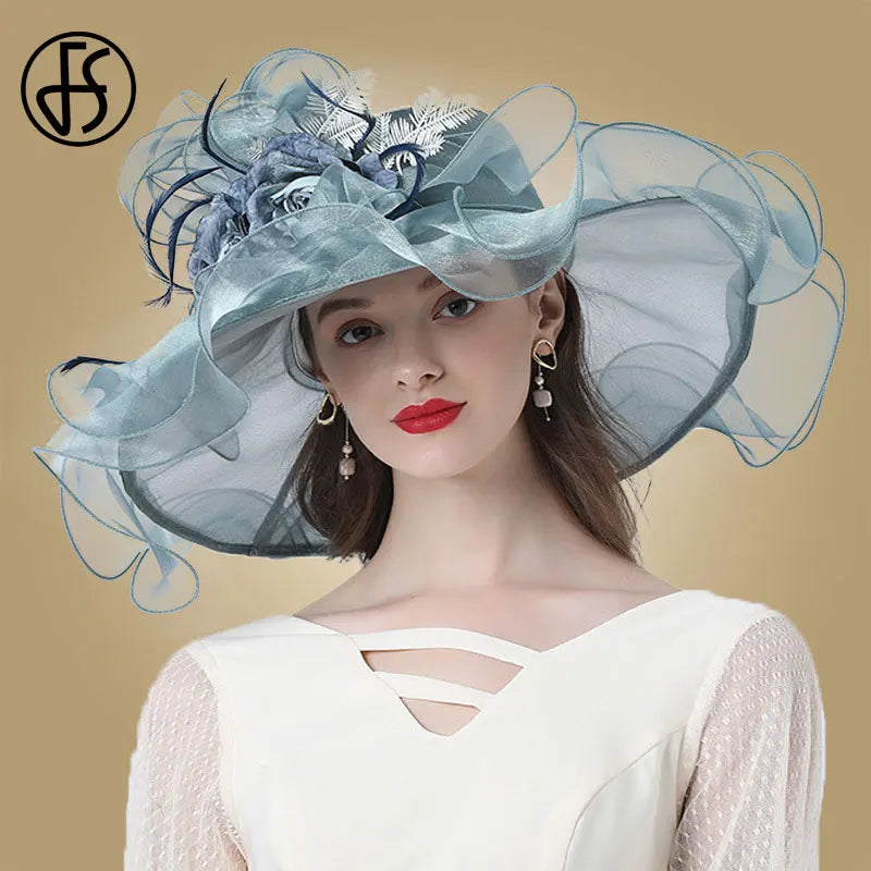 FS Flower Fascinator Women Kentucky Derby Wide Brim Wedding Church Organza Sun Hat 2023 Elegant Large Ladies Fedoras