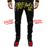 New Men Trend Black Ripped Jeans Fashion Street Hole Trousers Cozy Skinny Design Hot Rhinestone Stretch Soft Washed Denim Pants